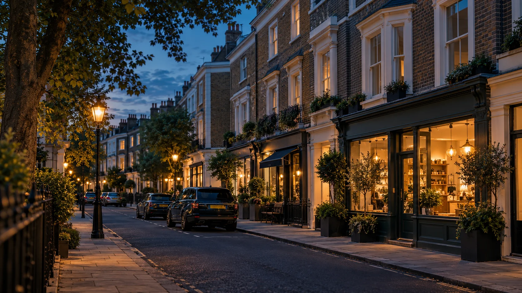 An illustrative London streetscape with homes, shopfronts and parked cars at dusk