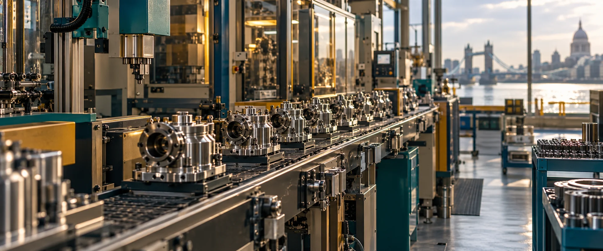 Detailed industrial production line with neatly arranged components warm metallic light