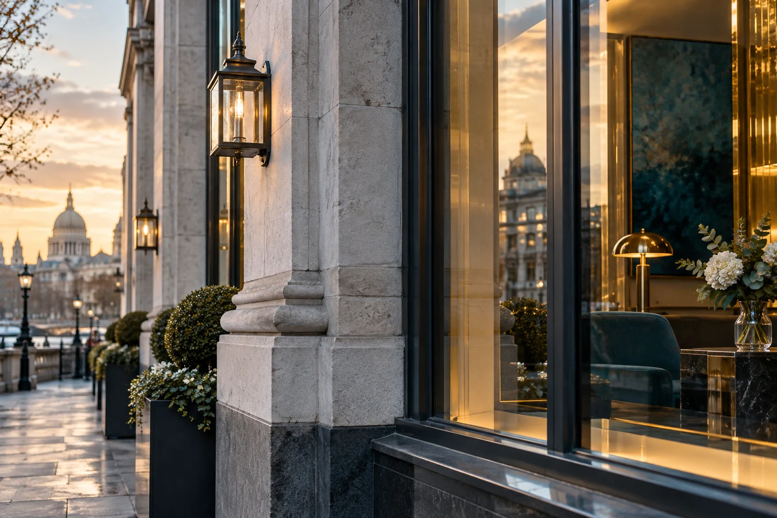 Architectural close up of stone facade and modern retail glazing with warm reflections