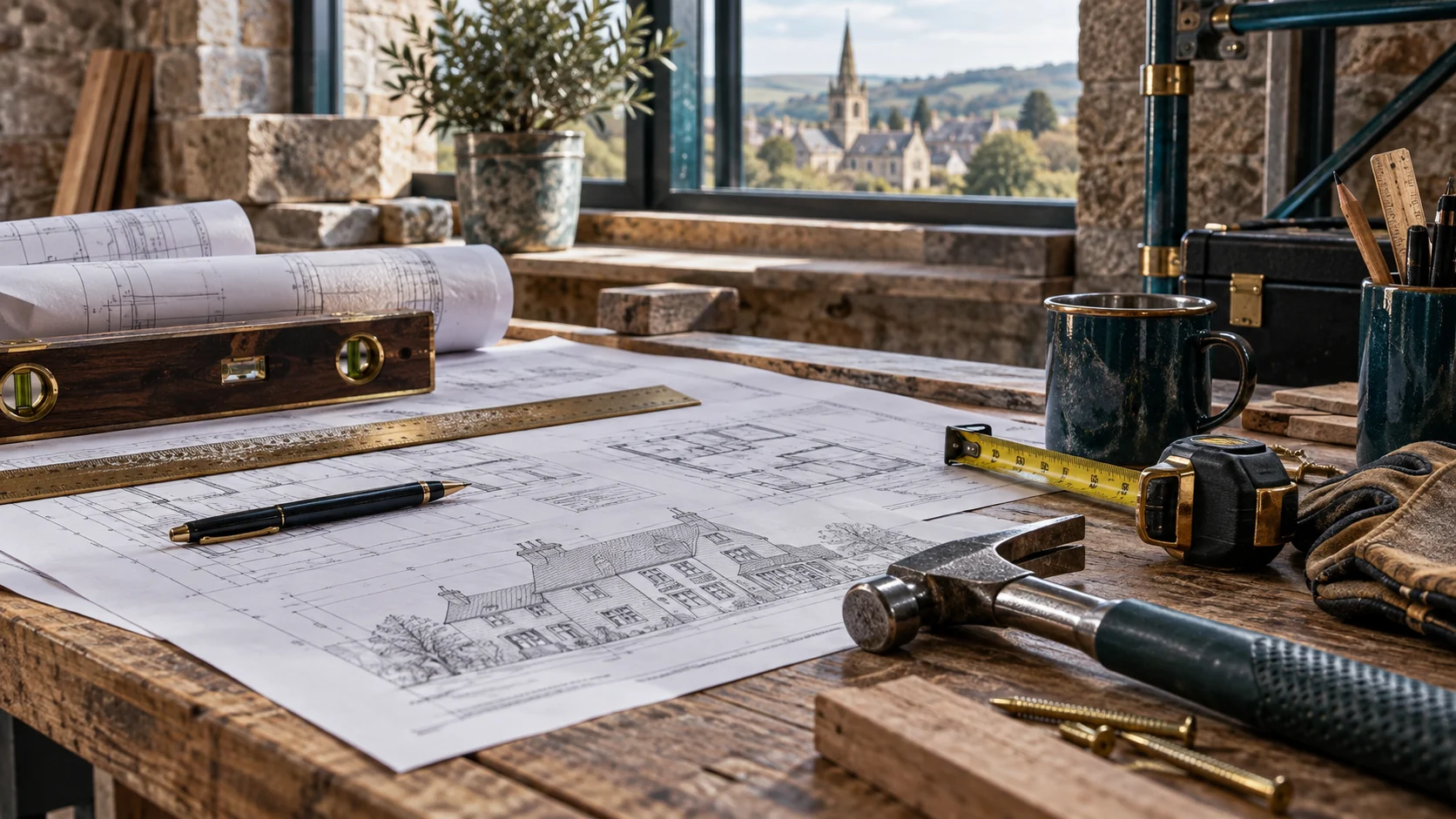 Close photograph of professional contractor tools and architectural drawings on solid workbench