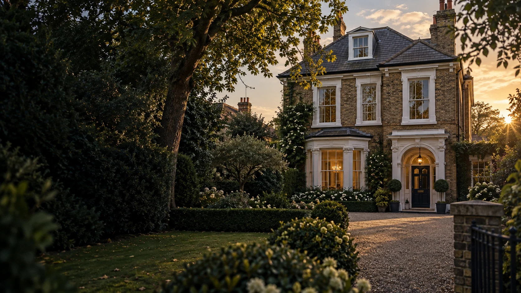Elegant detached north london period house set behind mature garden at golden hour