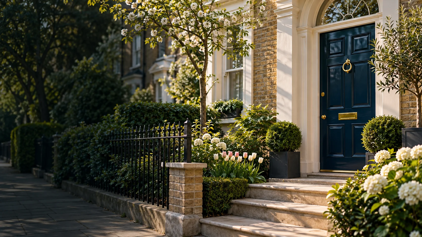 Welcoming london terraced family home with navy front door spring garden daylight