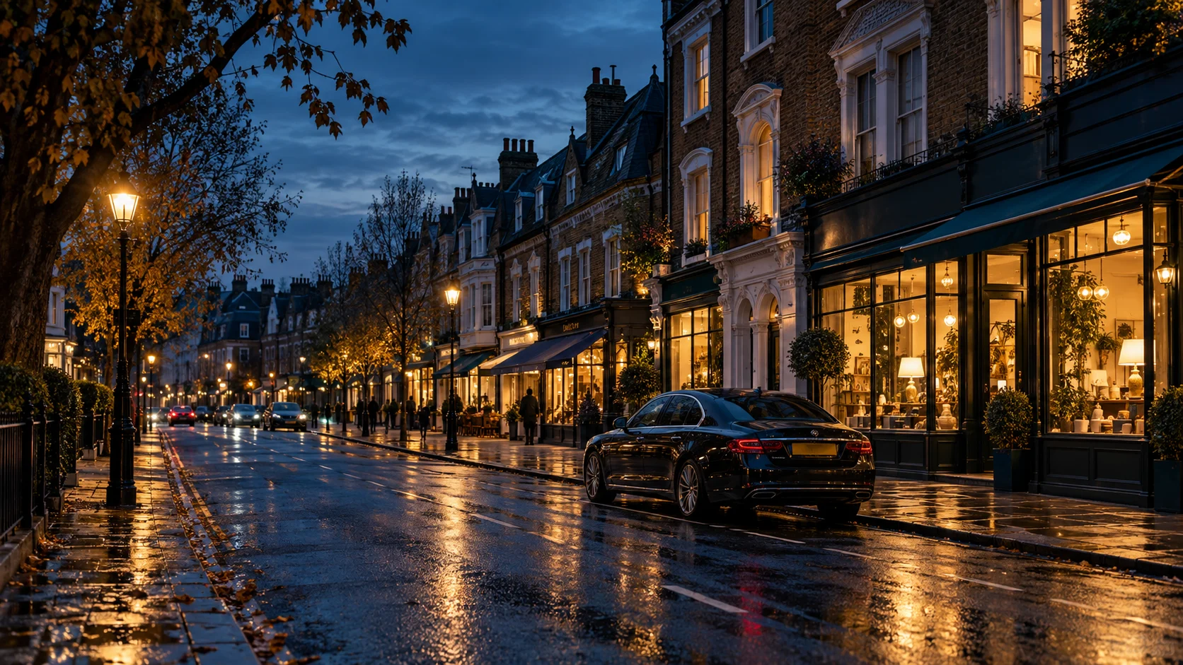 Akşam ışığında Londra’dan esinlenen temsili bir sokak görünümü