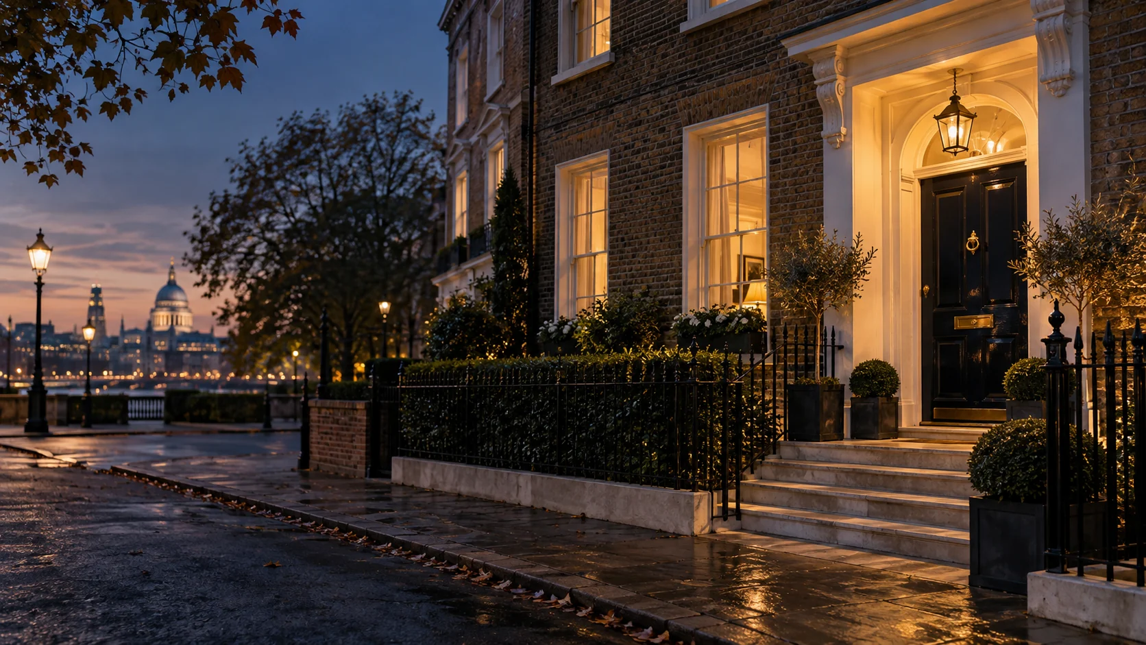 Well-maintained london rental townhouse with warm entrance and neat brickwork dusk