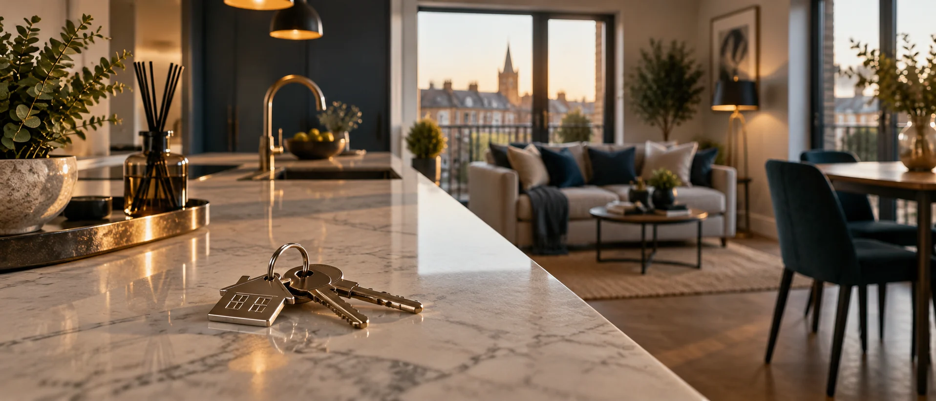 Property keys on a clean kitchen island with empty furnished rental interior in soft focus