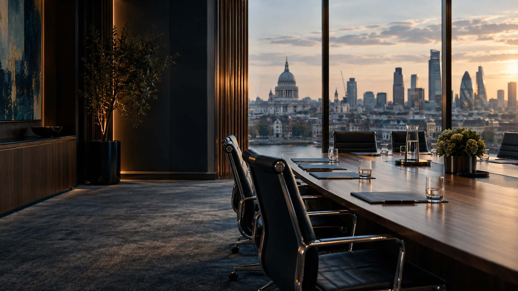 Contemporary empty company boardroom with city skyline restrained navy warm wood