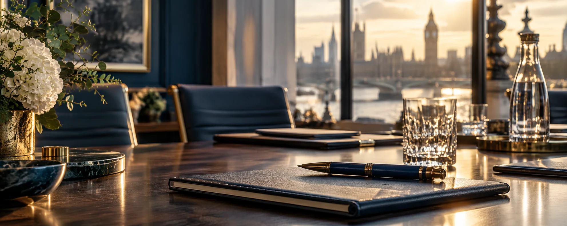 Close-up of meeting notebooks and elegant pen on boardroom table sunlight no readable text