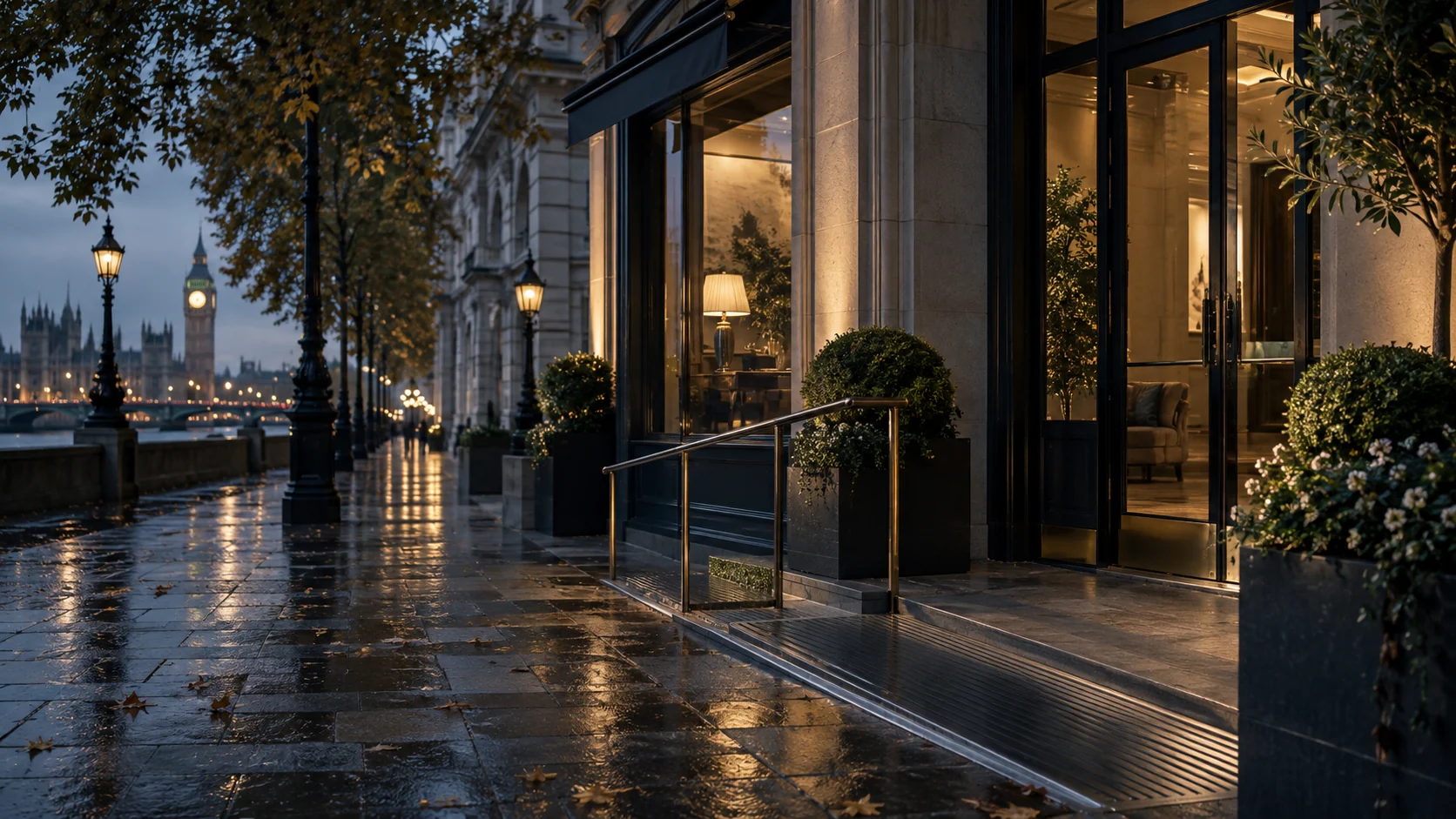 Carefully maintained commercial entrance with accessible walkway and shop windows london
