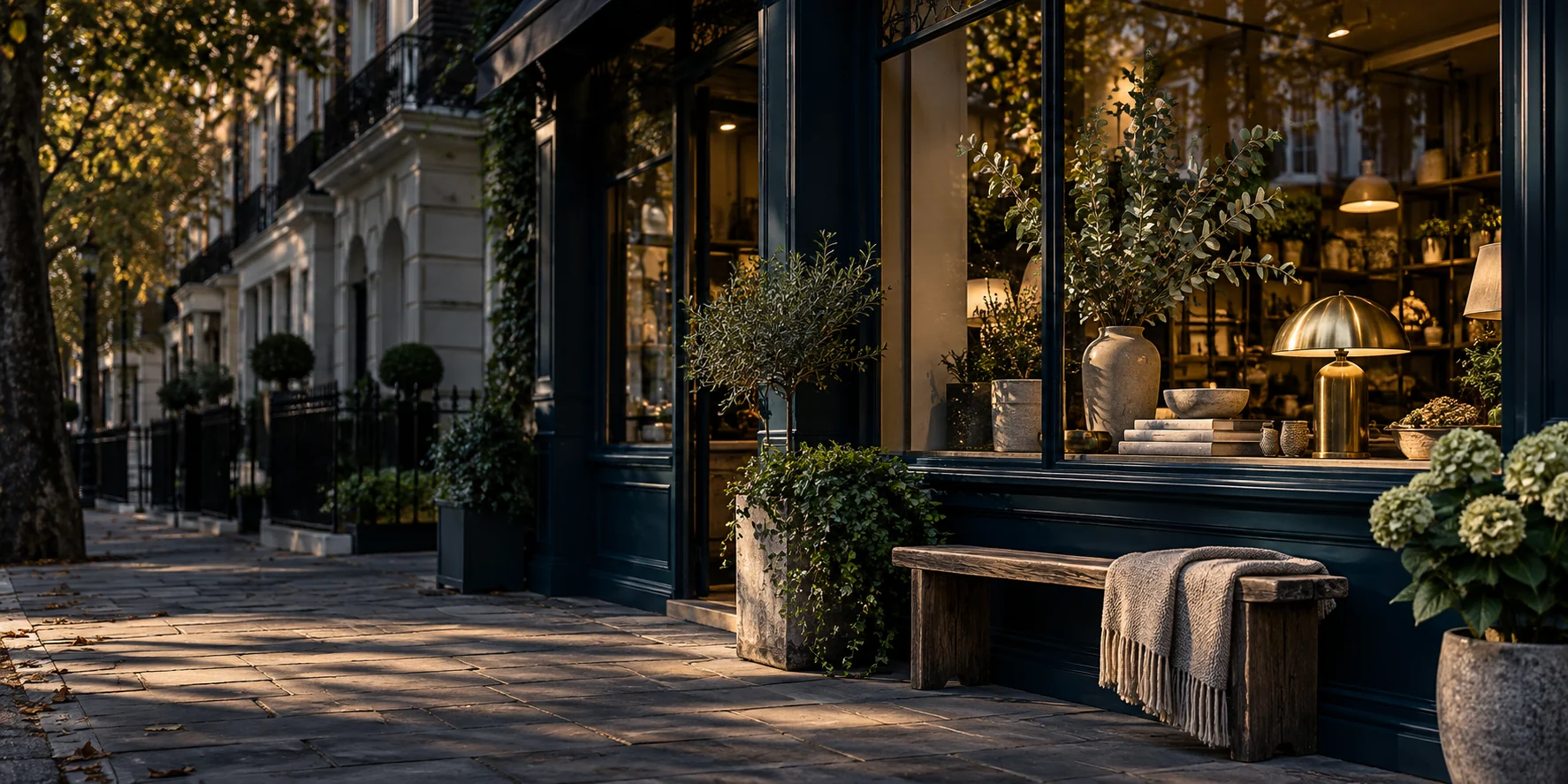 Stylish independent london homewares shop frontage afternoon with unbranded window display