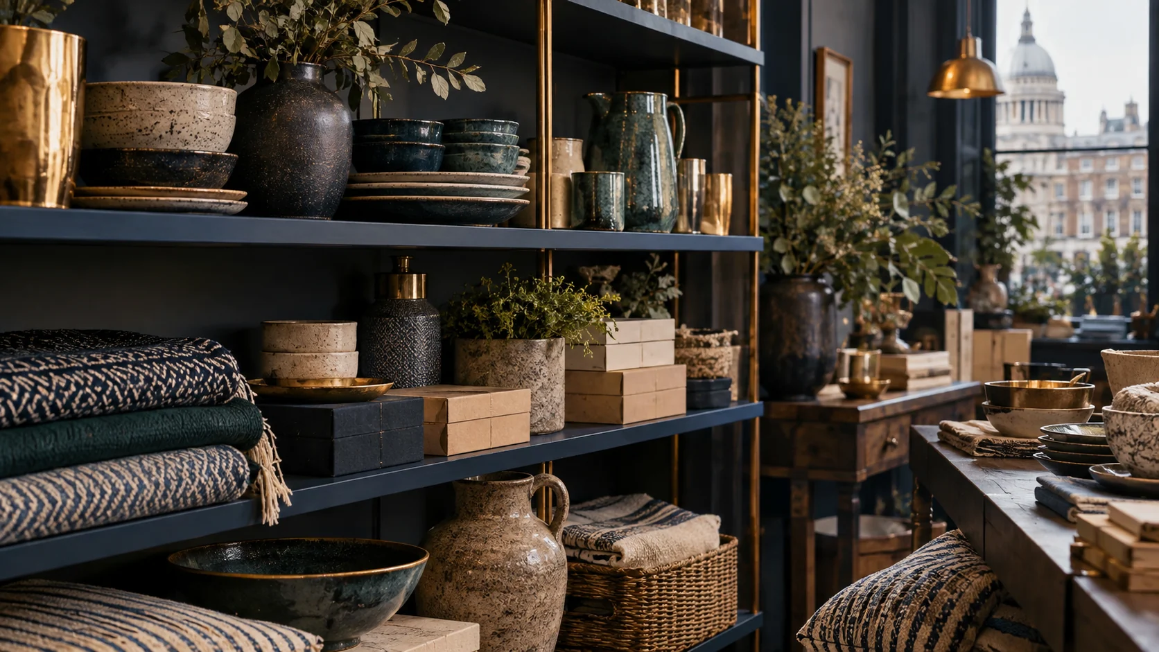 Close-up curated shop shelves of ceramics textiles and neatly packaged stock warm editorial light