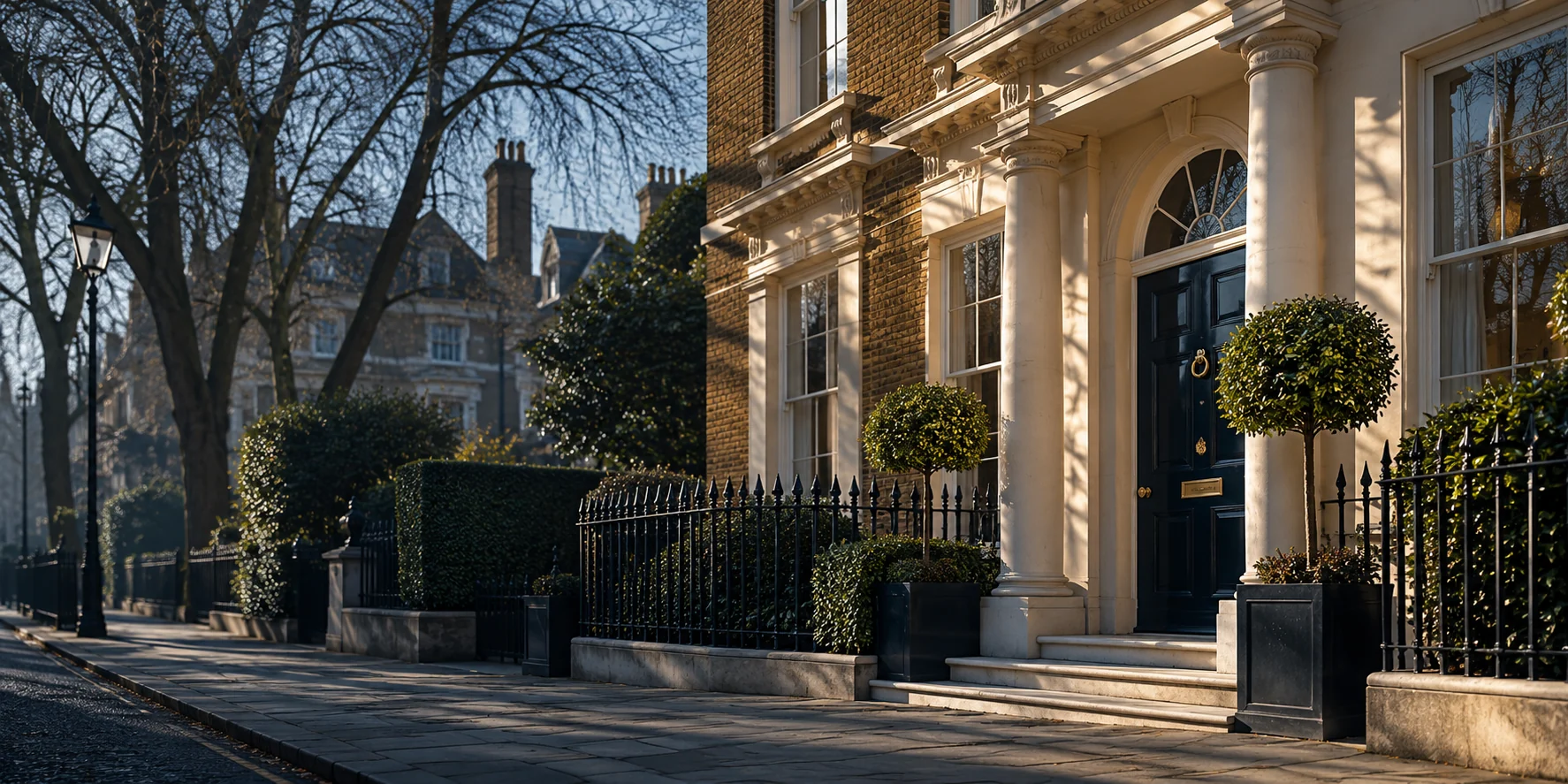 Secure empty period london house exterior in crisp winter daylight maintained not derelict