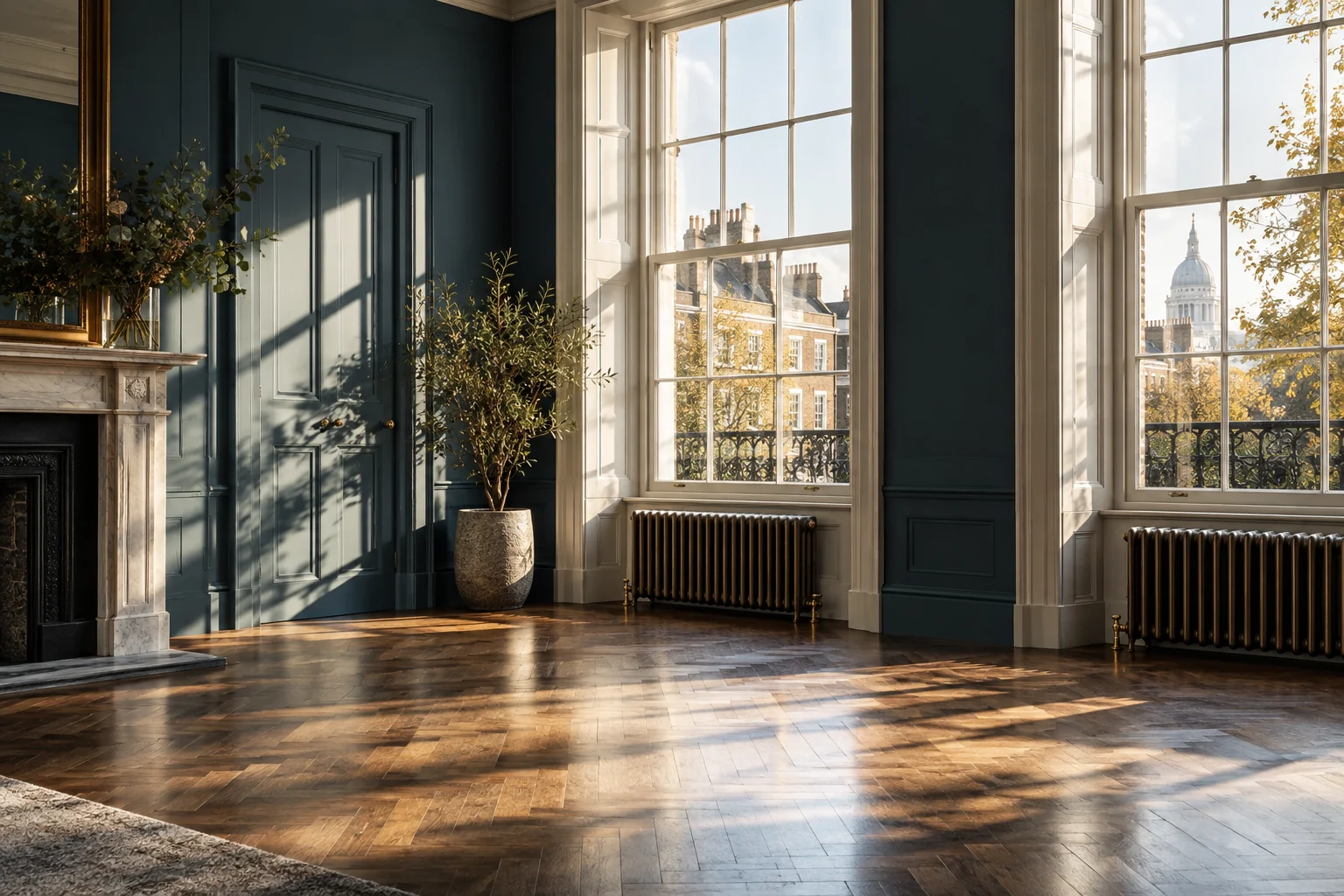 Empty bright room with parquet floor and covered radiator sunlight through sash windows